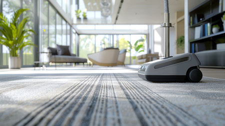 Vacuum cleaner on the patterned grey carpet in a cozy living room interior. Rug vacuuming. Concept of home care, cleanliness, home cleaning, daily chores, and domestic equipment. Copy spaceの写真素材