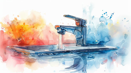 Faucet with water stream in a watercolor style. Vibrant splashes representing water flow from a tap. Concept of Concept of fluid motion, water usage, and artistic expression.の写真素材