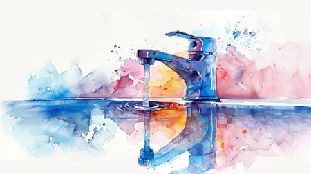 Faucet with water stream in a watercolor style. Vibrant splashes representing water flow from a tap. Concept of fluid motion, water usage, and artistic expression.の写真素材