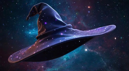Cosmic witch hat with galaxy texture. Magical sorcerer hat in space theme. Halloween Party Hat. Concept of fantasy, magic, cosmos, witchcraft, and mystery. Digital artの写真素材
