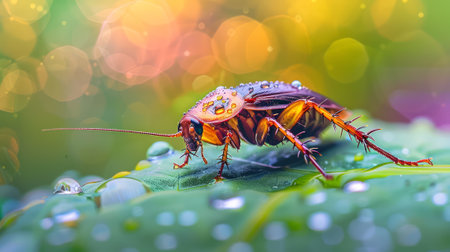 Vivid cockroach on a dewy leaf with bokeh lights. Insect close-up with water droplets. Concept of...