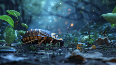 Cockroach foraging on rich forest bed, moody lighting enhances mystery. Insect survival in a natural setting. Concept of woodland ecosystems, biodiversity, and nature close-up.の写真素材