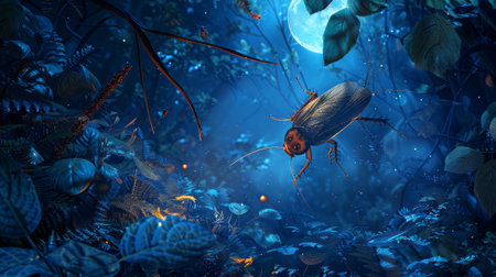 Mystical scene of a cockroach amidst a luminous night jungle. Enchanted forest under moonlight....