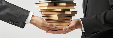 Two hands exchanging a large stack of books. Business attire and professional book handoff. Concept...