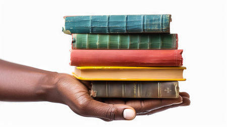 African American hand holding stack of hardcover books. Collection of old books in black person's...
