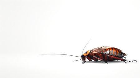 Illustration of cockroach on white background. Pest insect. Concept of infestation, pest control, hygiene, domestic cleanliness, home pest, extermination, and sanitation. Digital art. Copy spaceの写真素材