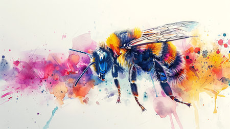Watercolor bee illustration with vibrant splashes. Artistic depiction of a bumblebee. Concept of art, creativity, wildlife in art, and vibrant illustration. Aquarelle artの写真素材