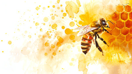 Bee on honeycomb with watercolor splashes. Artistic insect and hive illustration. Concept of nature...