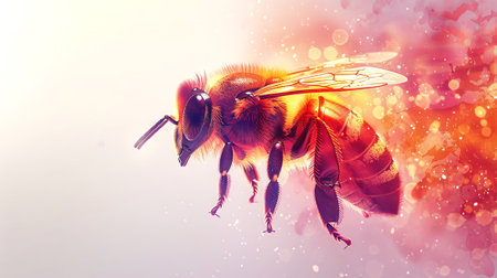 Bee hovering with translucent wings against a pink backdrop. Soft-focus honeybee in flight. Concept...