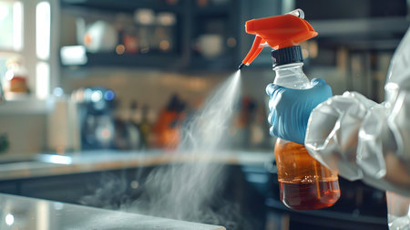 Close-up of pest control spraying cleaner in domestic kitchen. Sanitization process for pest-free environment. Concept of home cleanliness, disinfection, and pest extermination service.の写真素材