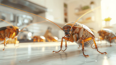 Domestic pests on kitchen floor in a realistic scene. Cockroaches in a household setting. Concept of infestation, cleanliness, and domestic pest control.の写真素材