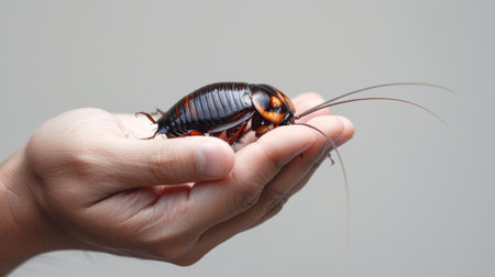 Person Hand holding a Madagascar hissing cockroach. Gentle interaction with nature. Concept of exotic pets, entomology, wildlife handling, and insect education. Light backgroundの写真素材