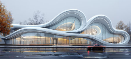 Streamlined architecture of a modern sports stadium on a foggy day. The fluid design of the...