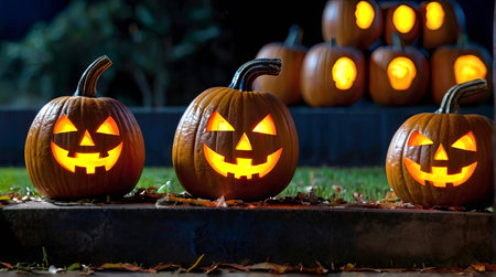 Halloween Jack-o-lanterns with a sinister smiles. Glowing Pumpkins in a spooky setting. Outdoors....