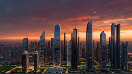 Futuristic cityscape with skyscrapers. Sunset over a modern city skyline. High-rise buildings...