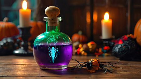 Enchanted Halloween potion bottle glowing with a purple light. Pumpkin and candles create a spooky ambience. Concept of witchcraft, Halloween celebration, and mystical decorations. Digital illustrationの写真素材
