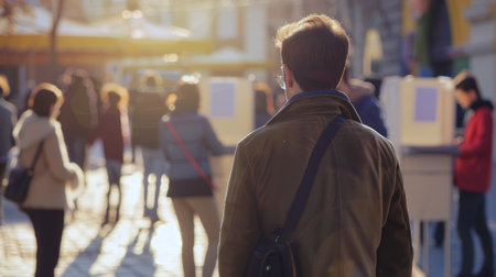 Young man approaching the ballot booths at poling station. Voter attending evening polls. Concept of elections, end-of-day voting, electoral commitment, and democratic process.の写真素材