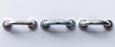 Chrome cabinet handles on white background. Sleek kitchen pull knobs in modern home. Concept of drawer handles, luxurious kitchen design, contemporary fixtures. Top viewの写真素材