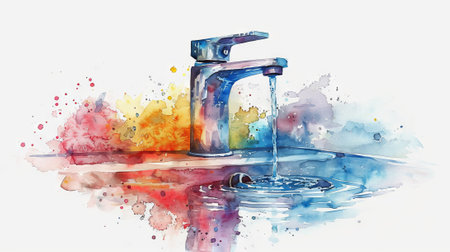 Faucet with water stream in a watercolor style. Vibrant splashes representing water flow from a tap. Concept of Concept of fluid motion, water usage, and artistic expression. Aquarelleの写真素材