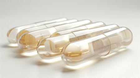 Transparent capsules with golden hue in a row. Reflective medicinal capsules on display. Concept of...