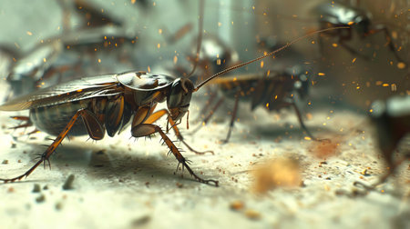 Pest cockroaches in an unsanitary area. Detailed scene of infestation and dirt. Concept of cleanliness, household pests, and eradication services.の写真素材