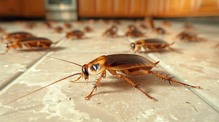Realistic cockroaches invading kitchen space. Pests on domestic flooring. Concept of home...