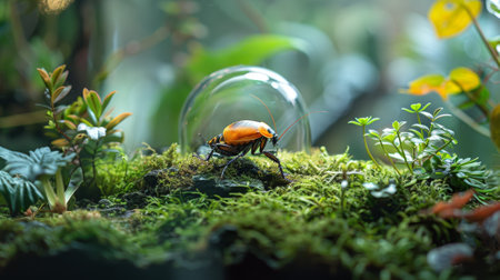 Cockroach in a terrarium. Insect on a mossy log in a naturalistic habitat. Concept of exotic pets, insect terrarium, natural observation, and entomologyの写真素材