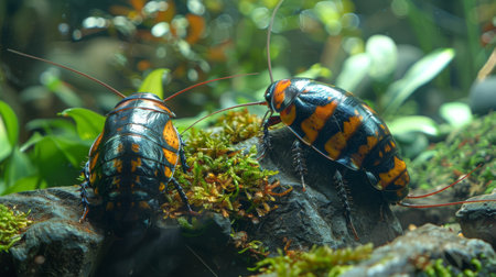 Two Madagascar hissing cockroaches in a terrarium. Insects on a mossy log in a naturalistic habitat....