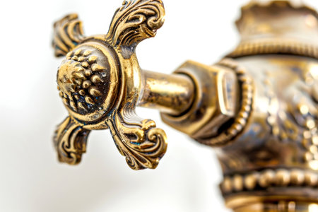 Magnified detail of an elaborate brass faucet. Luxurious golden tap with intricate patterns. Concept...
