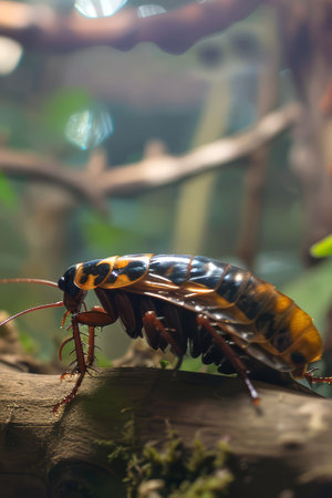 Cockroach navigating a log in a natural habitat. Detailed insect traversing wood. Concept of...