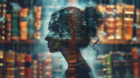 Silhouette of a woman with a library overlaid. Fusion of a person with rows of books. Concept of...