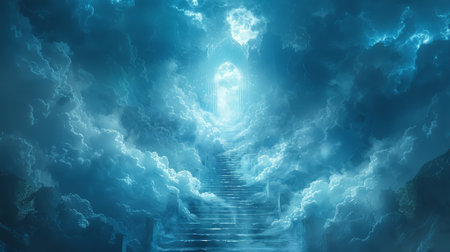 Heavenly staircase winding through misty clouds, leading to a bright passage framed by arches....