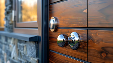 A modern door knob on a wooden sleek, contemporary door. Door handle. Concept of home entrance,...