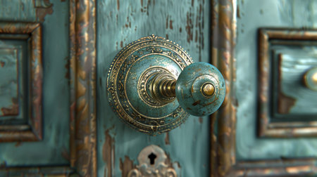 Distressed wooden door with a vintage doorknob. Worn antique handle. Concept of historical elegance, architectural wear, and classic aesthetics.の写真素材