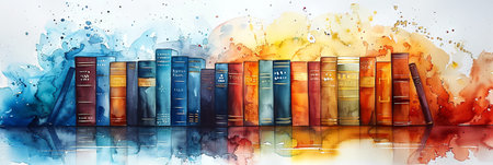 Books in a row. A colorful assortment of books. Concept of education, reading, knowledge, and library collection. Banner. Bright Watercolor illustration. Aquarelle splashの写真素材
