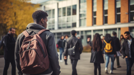 African male student with a backpack at a university campus. Back view of man. Concept of academic aspirations, higher education, student diversity, new beginnings, and cultural integrationの写真素材