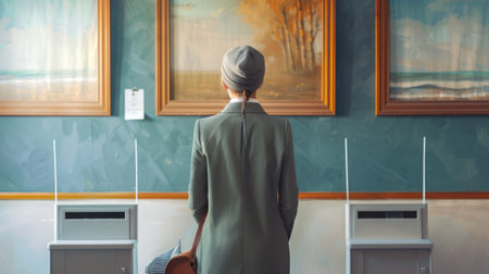 Back view of a young woman at a polling place. Female voter. Citizen vote. Concept of elections,...