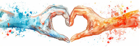 Two Hands forming heart shape. Symbol of love. Concept of togetherness, affection, romantic gestures, love signs, warm emotions. Watercolor illustration. Banner. White backgroundの写真素材