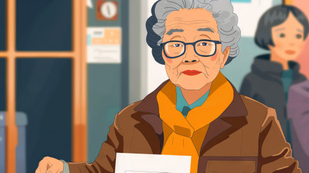 Asian elderly woman casting her ballot at a polling place. Senior Asian female voter. Concept of democracy, elections, civic duty, diversity. American presidential elections. Digital illustrationの写真素材