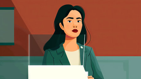 Young Asian woman casting her ballot at a polling station. Asian female voter. Concept of democracy, elections, civic duty, diversity. Digital illustrationの写真素材