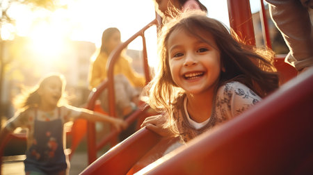 Group of happy kids enjoying outdoor games on a playground. Concept of friendship, childhood joy, outdoor play, summertime, fun in the sun.の写真素材
