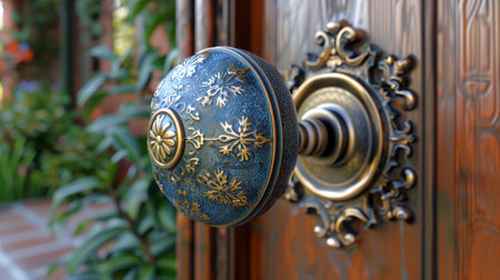Vintage doorknob on a wooden door. Antique door handle on a wooden surface. Concept of historical elegance, classic aesthetics, old-world charm, and enduring style.の写真素材