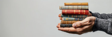 Vintage books in male hands. Man holding a stack of books in his palms. Concept of education,...