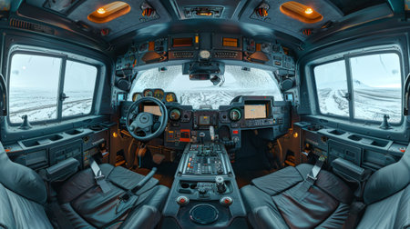 SUV interior. Off-road vehicle interior with a view of a rugged landscape. Adventurous drive through...