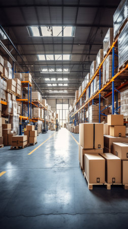 Warehouse interior with shelves of goods in cartons and a forklift. Concept of logistics, storage, supply chain management. Verticalの写真素材