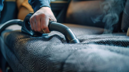 Steam cleaning a car's seat. Automotive interior detailing and hygiene. Concept of vehicle maintenance, cleanliness, car care, and professional detailing services.の写真素材