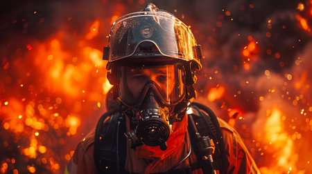 Focused firefighter with a protective mask against fire. Fireman ready for emergency in a blaze....