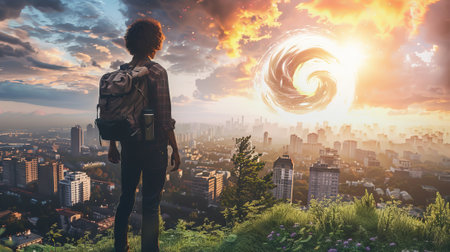 Solitary figure contemplates a massive vortex above a city. Concept of Apocalypse, science fiction,...