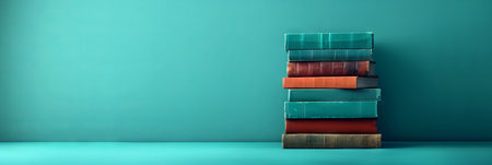 Stack of vibrant books. A neat pile of vintage reading books on green backdrop. Concept of academic...