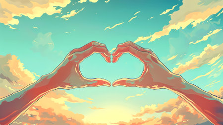 Two Hands forming heart shape against sky background. Symbol of love. Concept of togetherness, affection, romantic gestures, love signs, warm emotions. Digital illustrationの写真素材